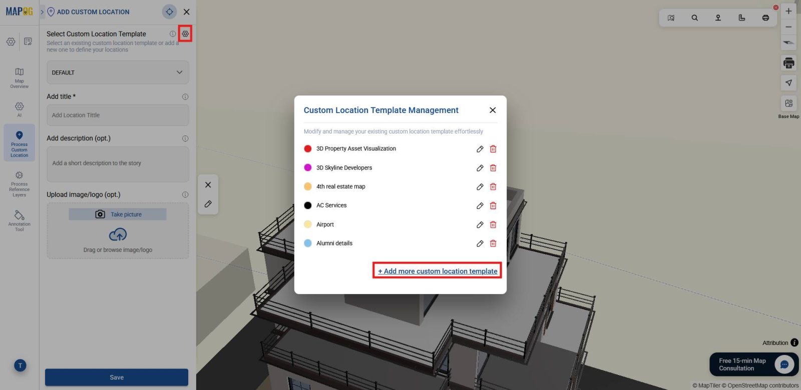 Opening settings to add a new custom location template for organizing building data.