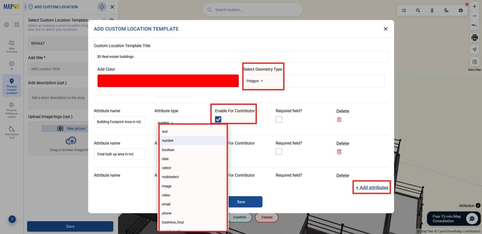 Setting up a custom template with polygon geometry and attributes like area, address and amenities to showcase 3D building details.