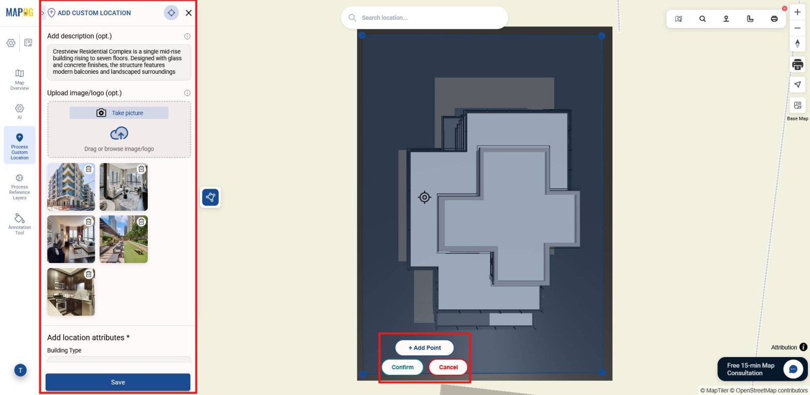 Drawing a polygon around the model and adding images description and attributes to upload and showcase 3D building context on the map.