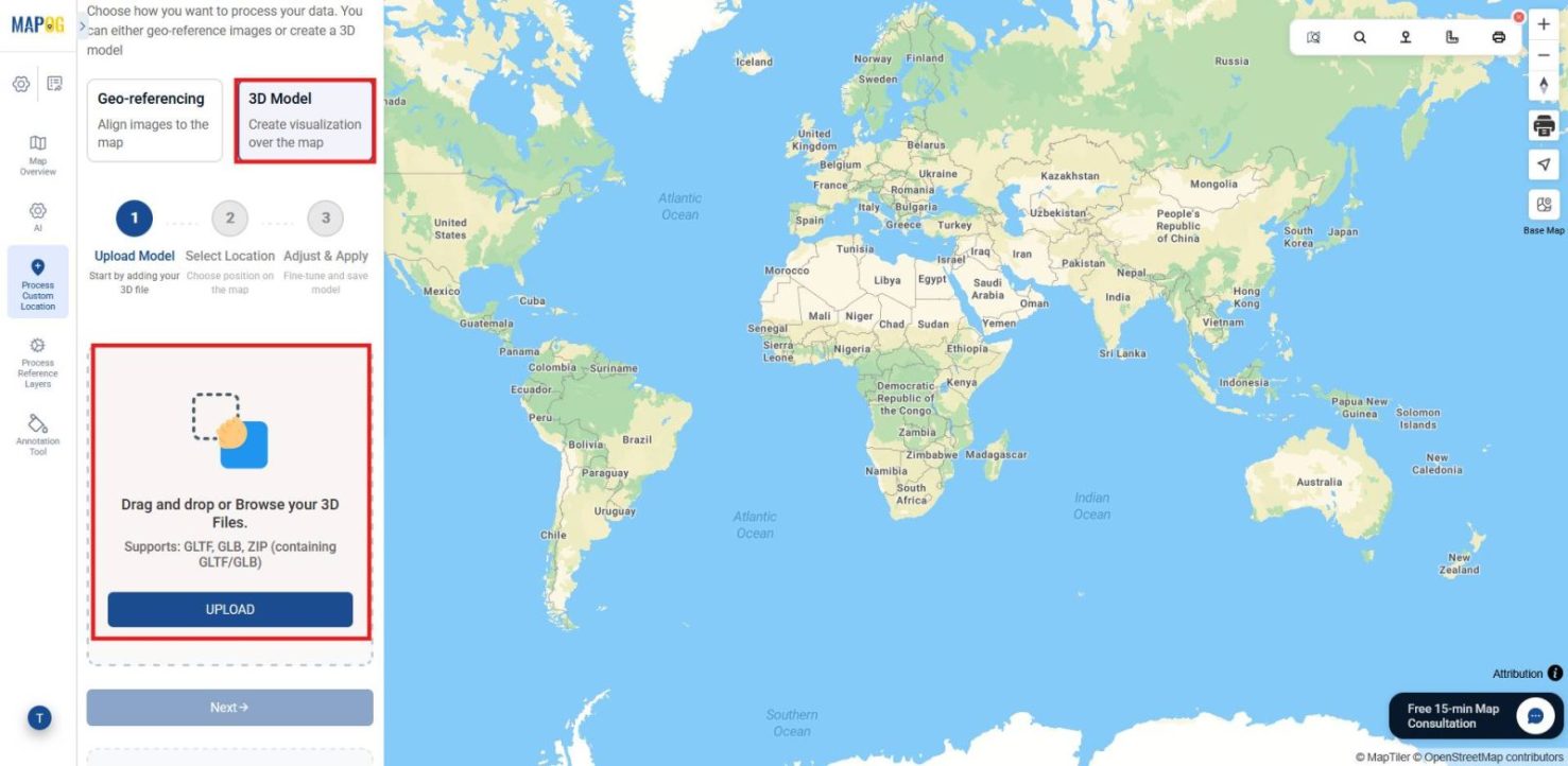 Upload screen showing GLTF GLB or ZIP file selection to upload and showcase 3D building models