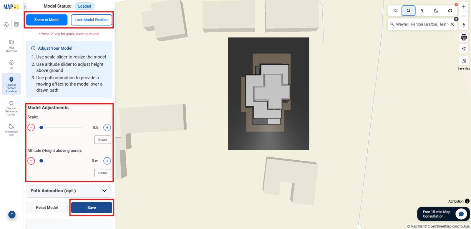 3D building model  resized and adjusted on the map to showcase the building structures at real world scale.