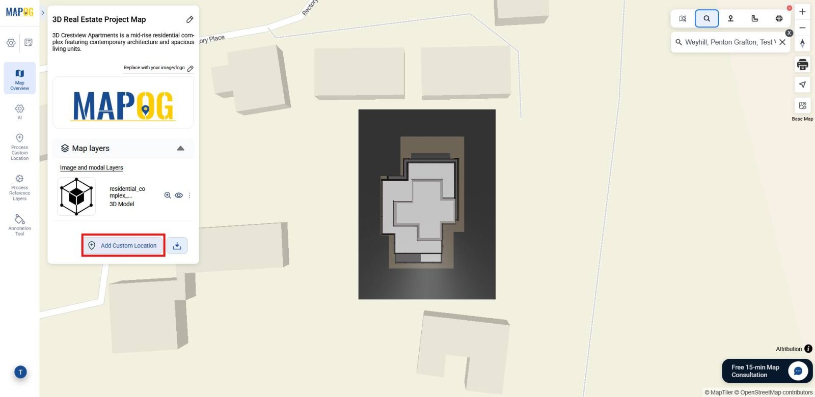 Clicking Add Custom Location option to enrich the 3D model with detailed information and attributes on the map.
