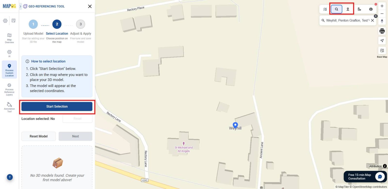 Map interface showing search and selection of exact project location to showcase 3D building models correctly