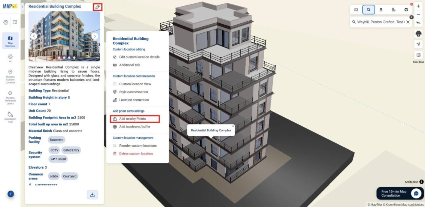 Adding nearby points and amenities to showcase 3D building surroundings and location context.