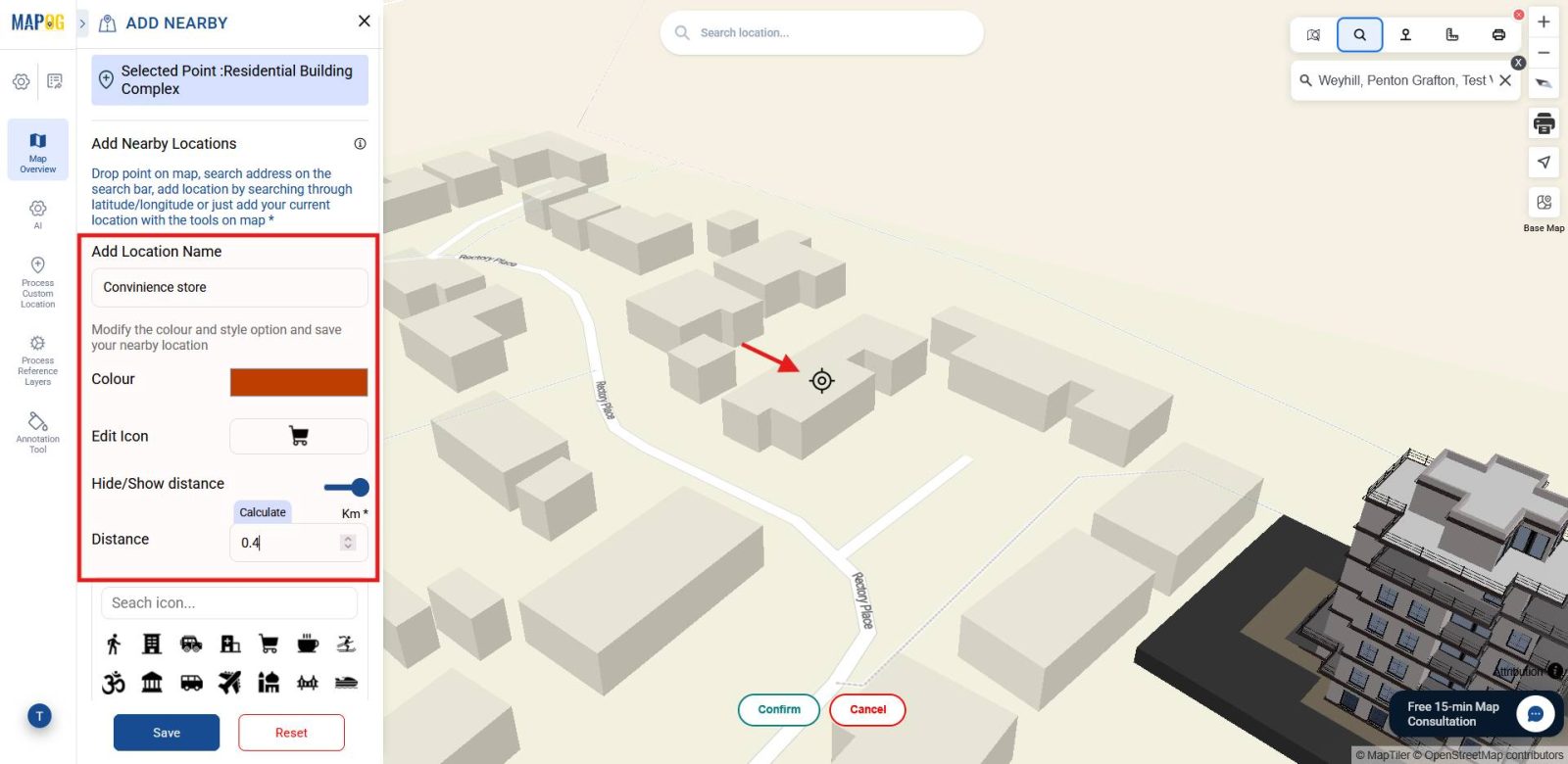 Distance calculation tool showing measurement between building and amenities to showcase 3D building accessibility.