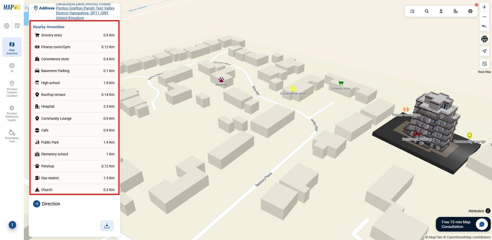 Displaying near by amenities with distance to make the project more client ready.