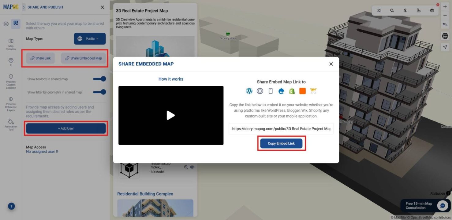 Share link and embed map options to upload and showcase 3D building projects for a wider audience.