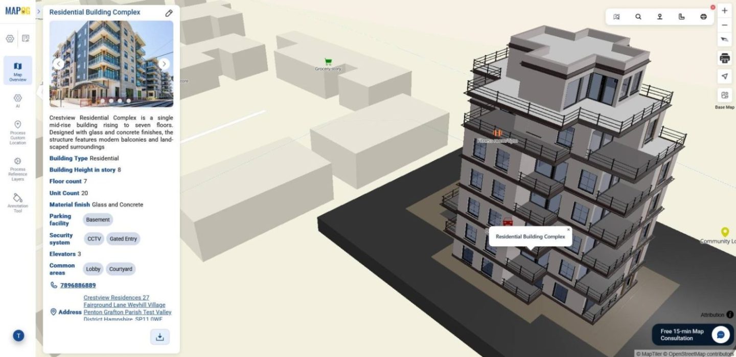 Final map view showcasing a 3D residential building with attributes and surroundings on an interactive map.
