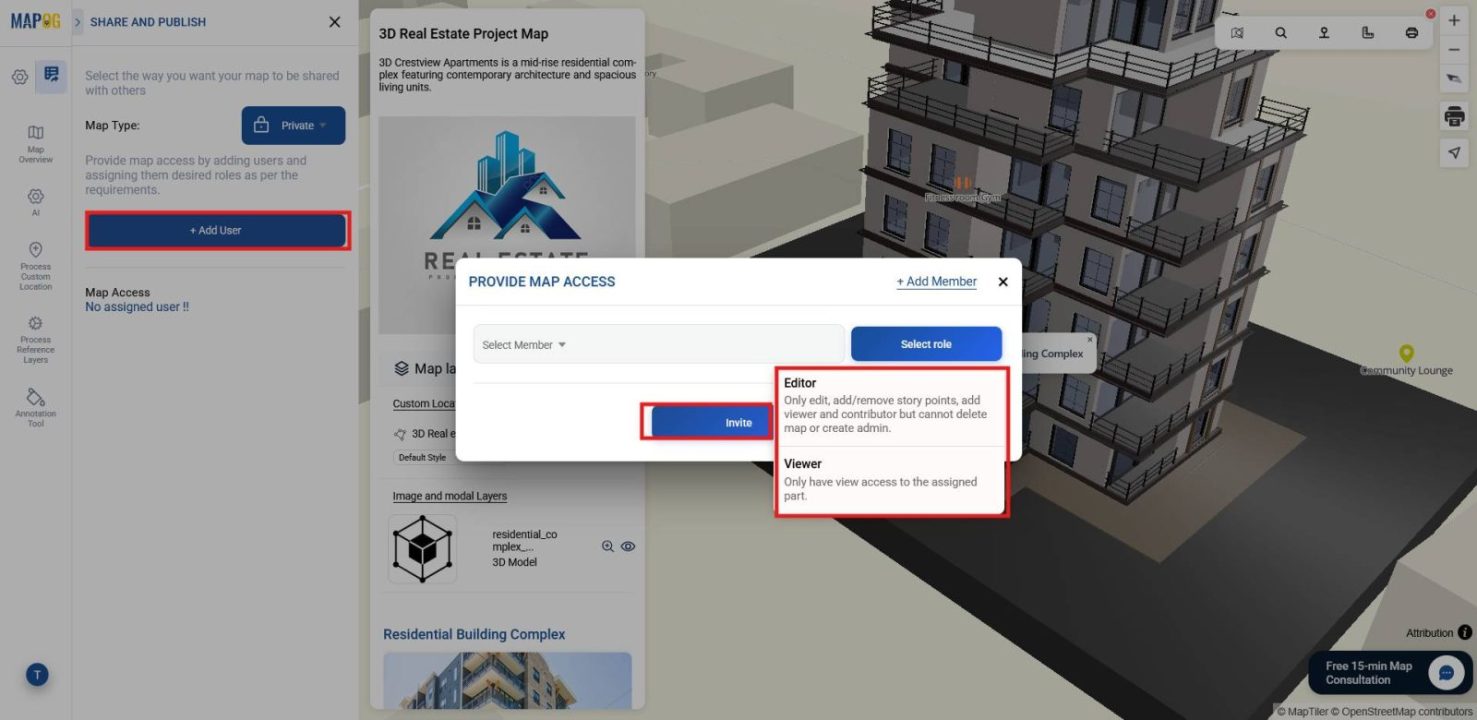Preview and share section showing Add User option with role selection for editor and viewer access.