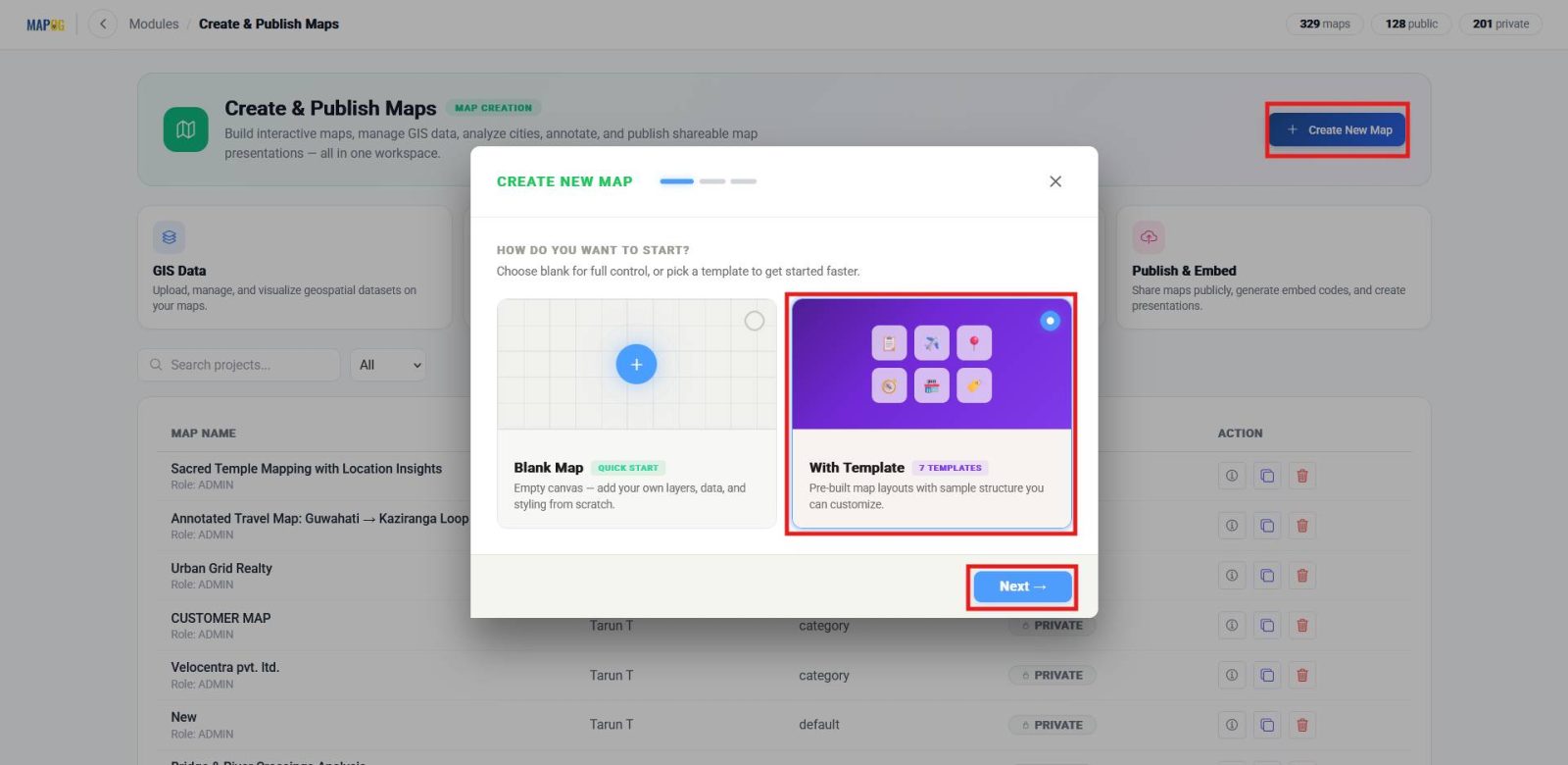 Screenshot 2026-04-17 095131 Shows Create New Map button with template selection to begin the workflow.
