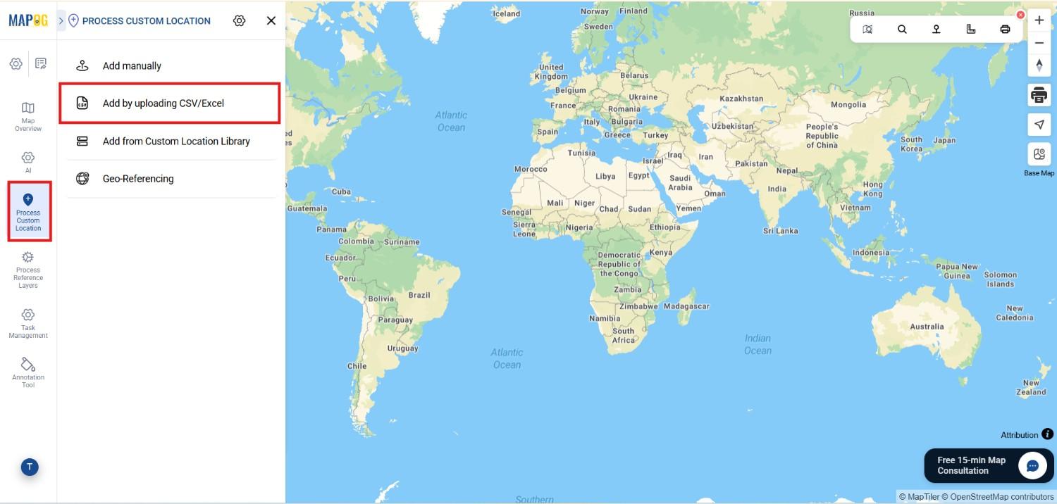 click process custom location and click add by uploading csv to Create Shareable Maps