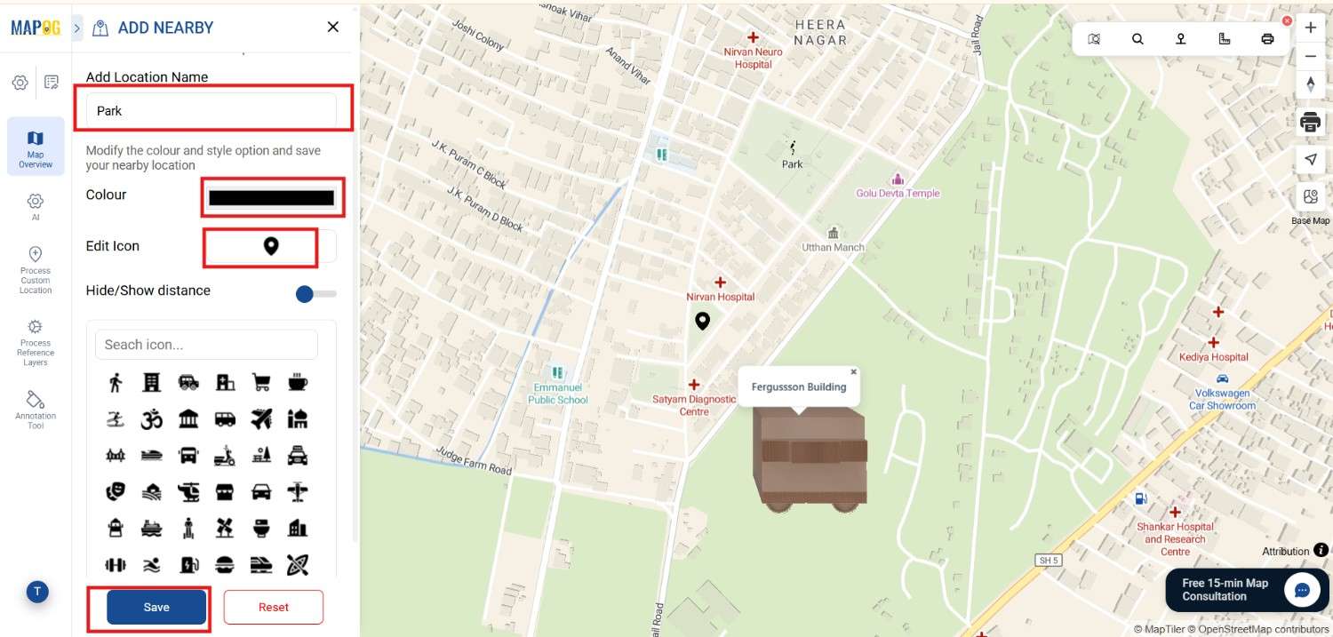 confirm location , add name , colour and edit icon for each property type
