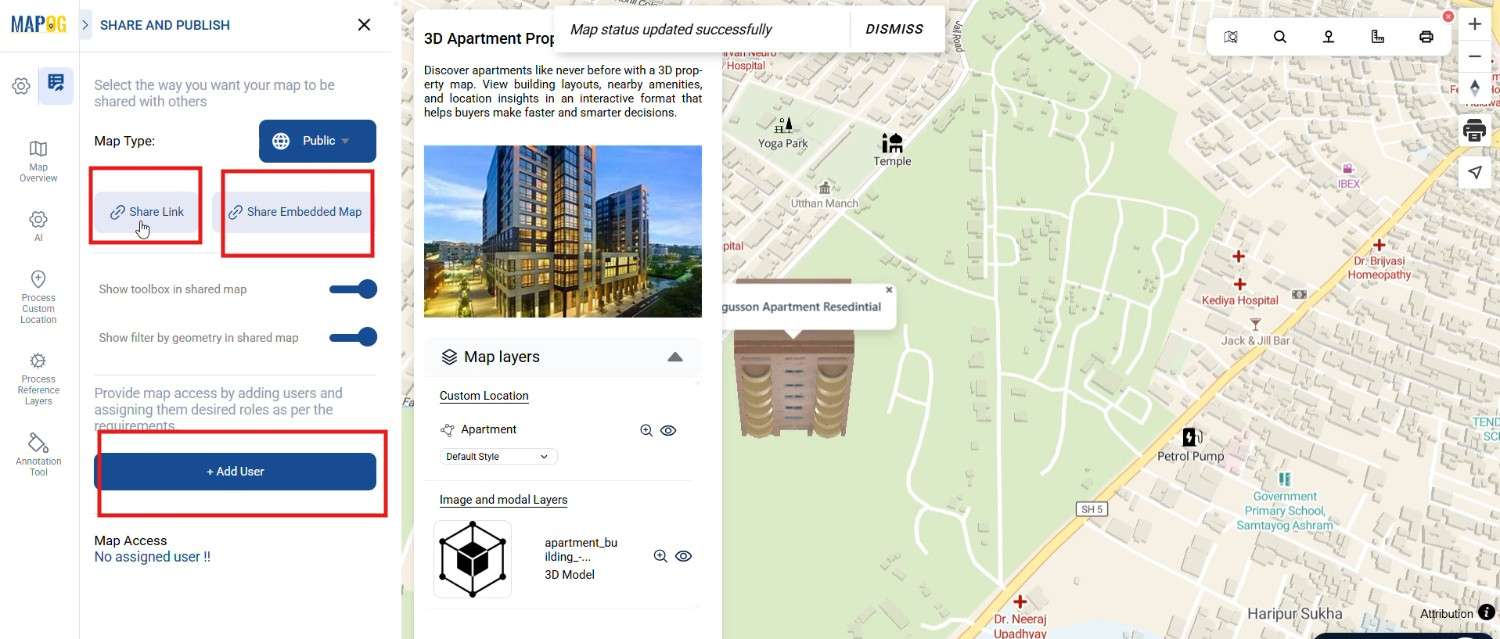 share link or copy link also add users to  work together on a  map