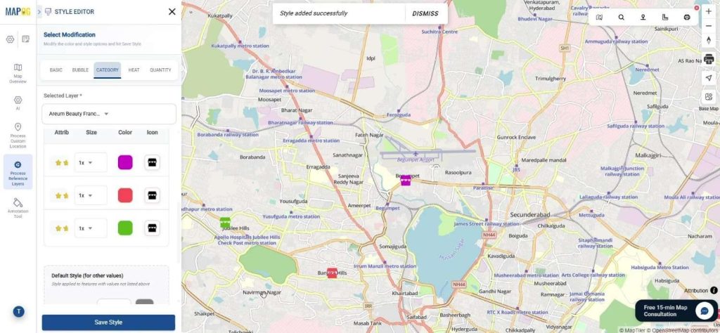 Styled location markers with ratings applied to showcase all franchise locations clearly.
