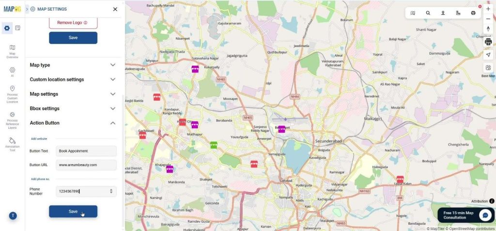 Interactive franchise map with call and appointment buttons to showcase all franchise locations.