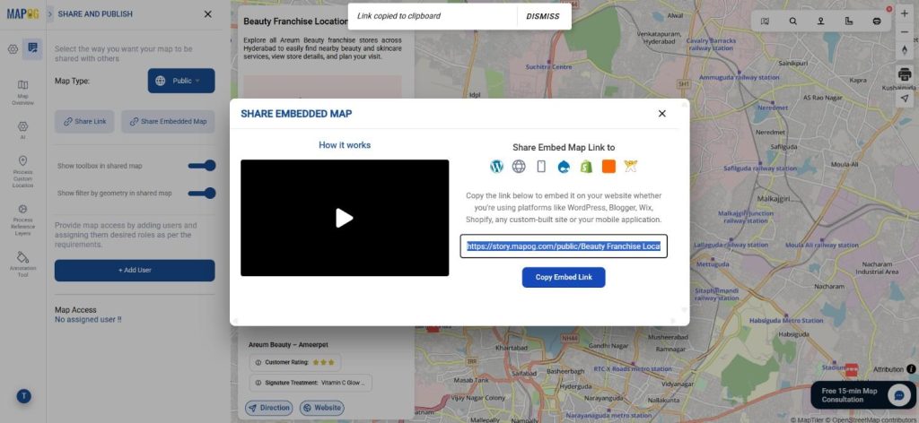Shareable franchise map embedded on website to showcase all franchise locations.