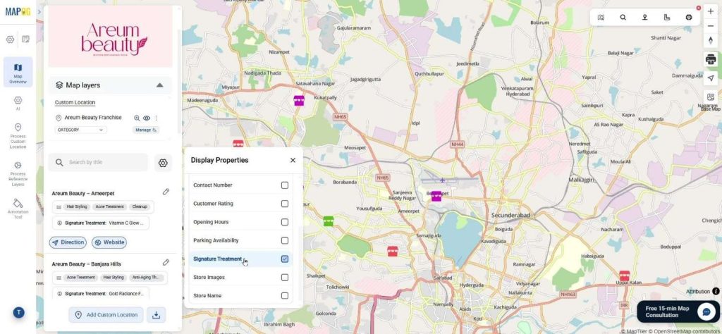 Display properties panel configured to showcase all franchise locations with customer-friendly details.