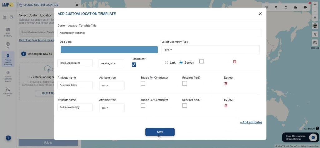 Custom franchise data template created to showcase all franchise locations with service attributes.