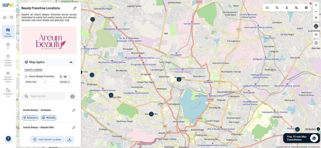 Interactive map automatically plotting franchise branches to showcase all franchise locations visually.