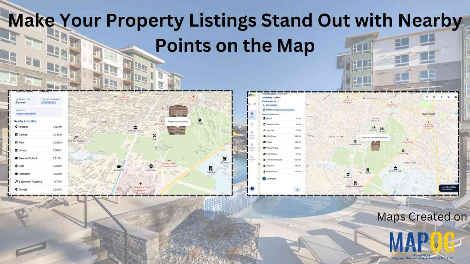 Map showing a property listing with nearby amenities like schools, hospitals, and transport locations