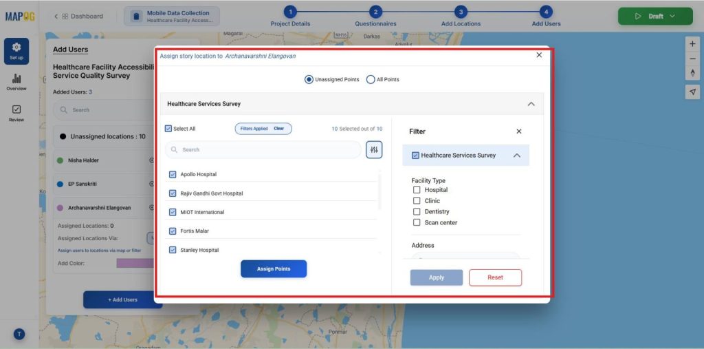 filter tool to sort map points for Field Surveys and Store Data