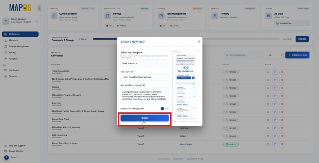 Initialize project in MAPOG to create and embed a franchise location map