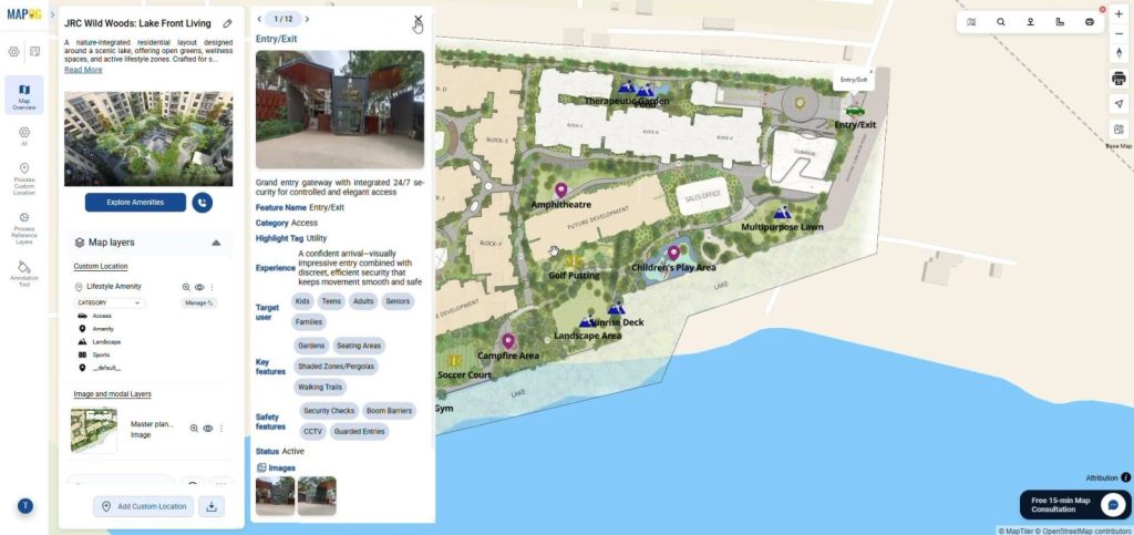Final interactive property plan map in MAPOG showing labeled amenities