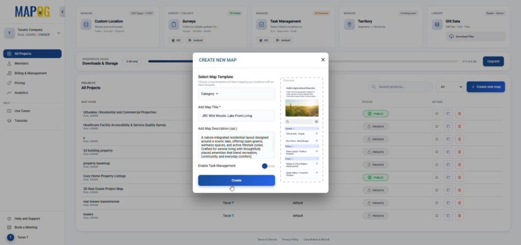 MAPOG dashboard with create new map pop up