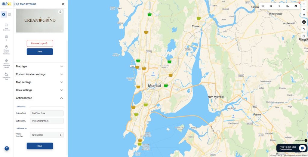 Configure map settings and action button