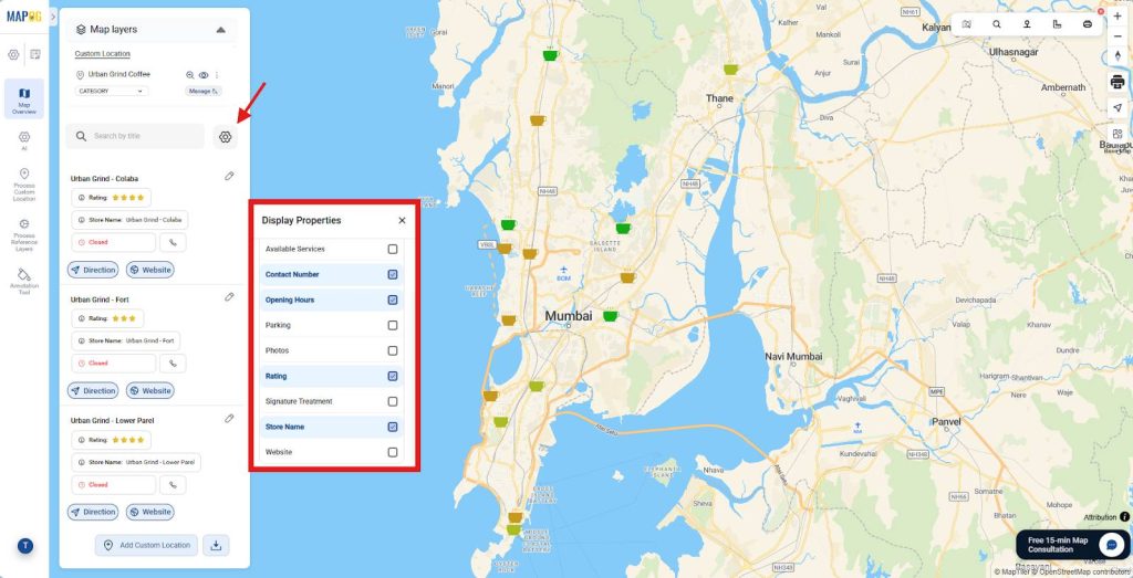 Configure display properties to show key franchise details on map