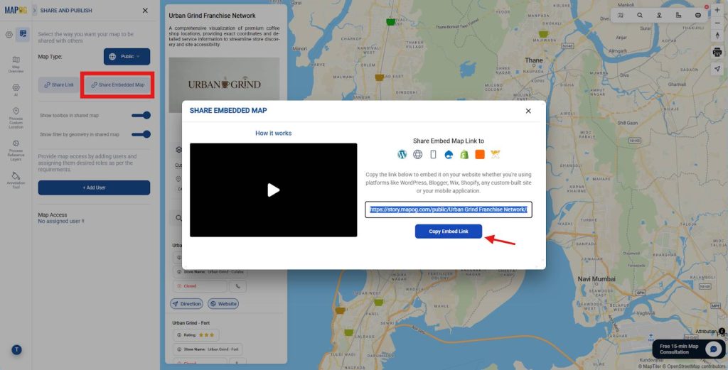Generate and copy embed link to embed map to website