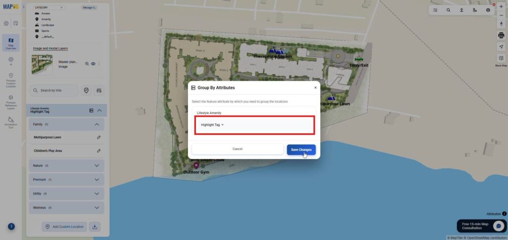 MAPOG interface showing “Group by Attributes” popup with Highlight Tag selected