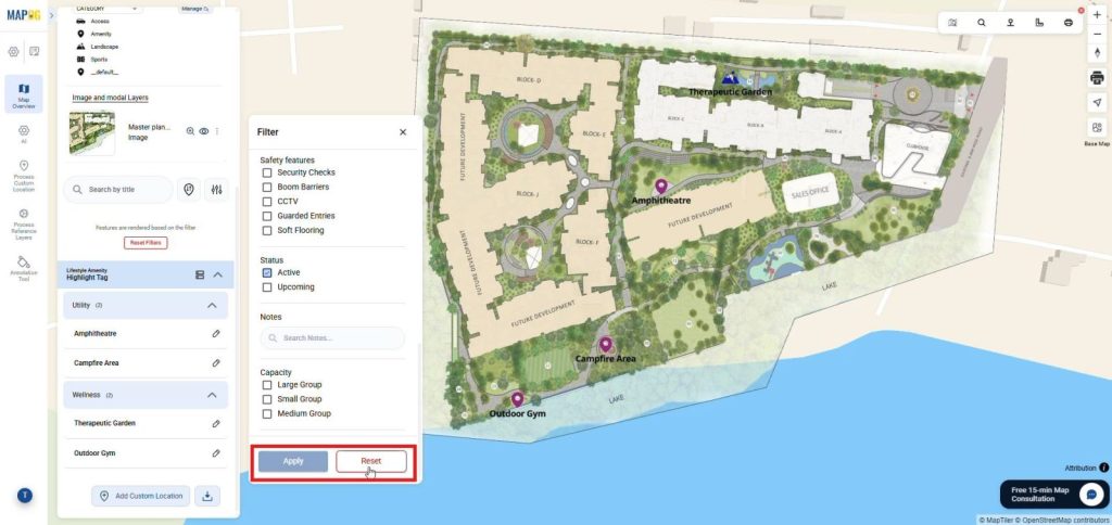 MAPOG interface showing filter panel