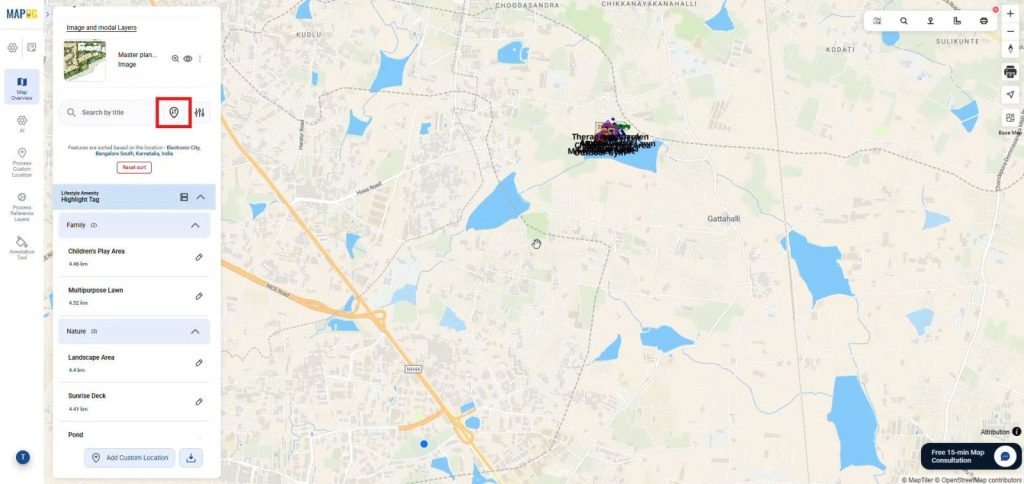 MAPOG map showing clustered amenities after sort by searching a location