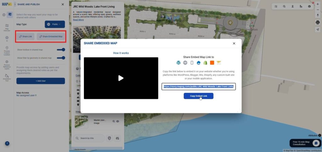 Share and publish panel displaying embedded map link popup with copy embed link option