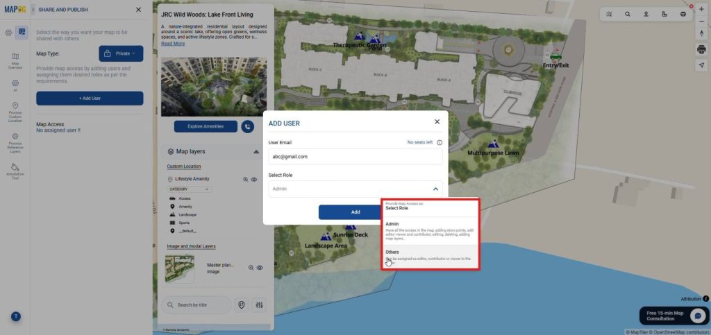 Share and publish panel showing “Add User” popup with role selection options