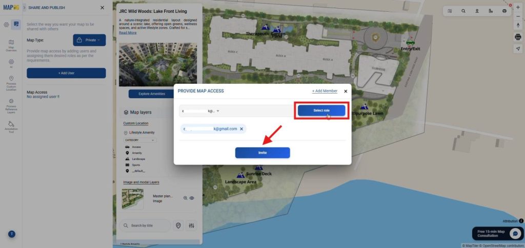 Share panel showing “Provide Map Access” popup with user selection and role selection