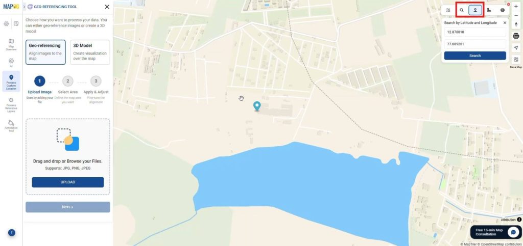 Upload Your Base Map by searching location using place name or coordinates