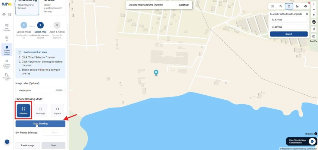 Upload Your Base Map add label and choose drawing mode for map alignment