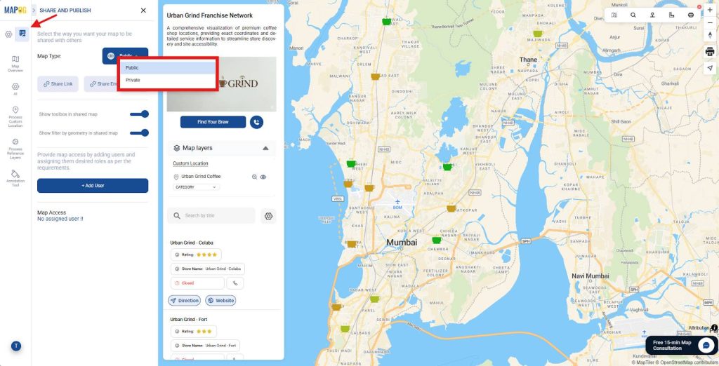 Set map type to public for sharing and embedding on website