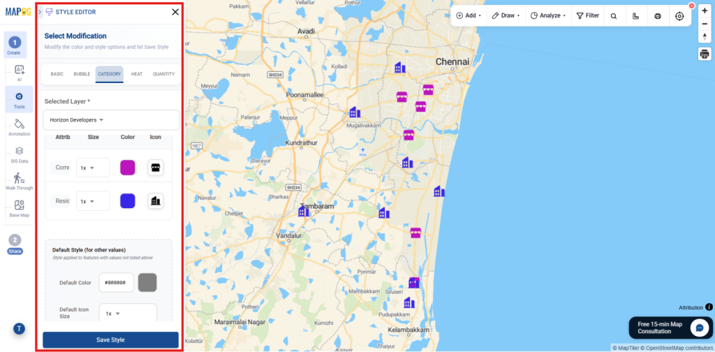 clearly styled properties on the map