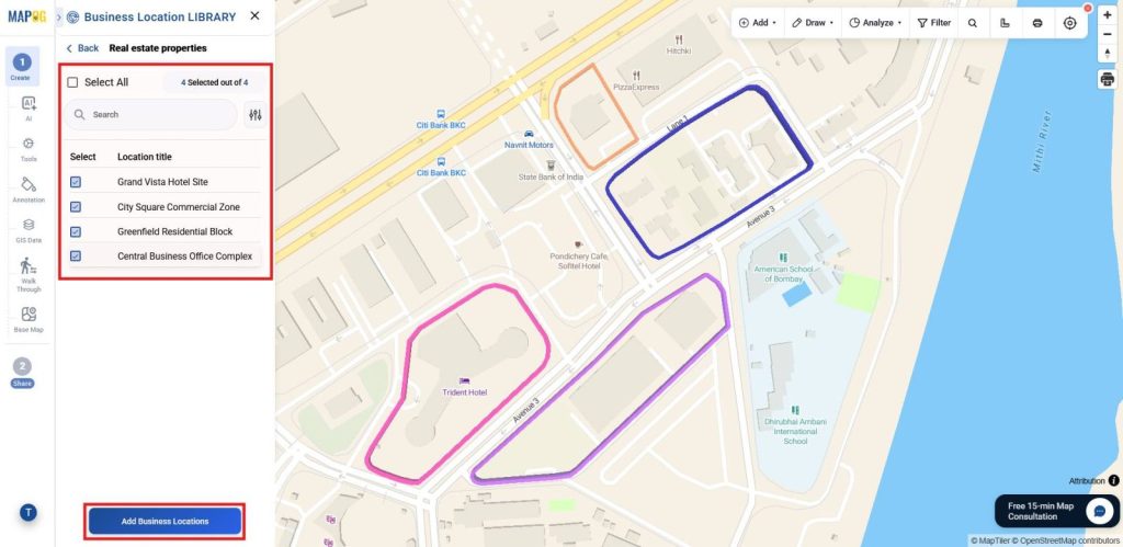 Displaying selected locations within mapped boundaries for better layout clarity.