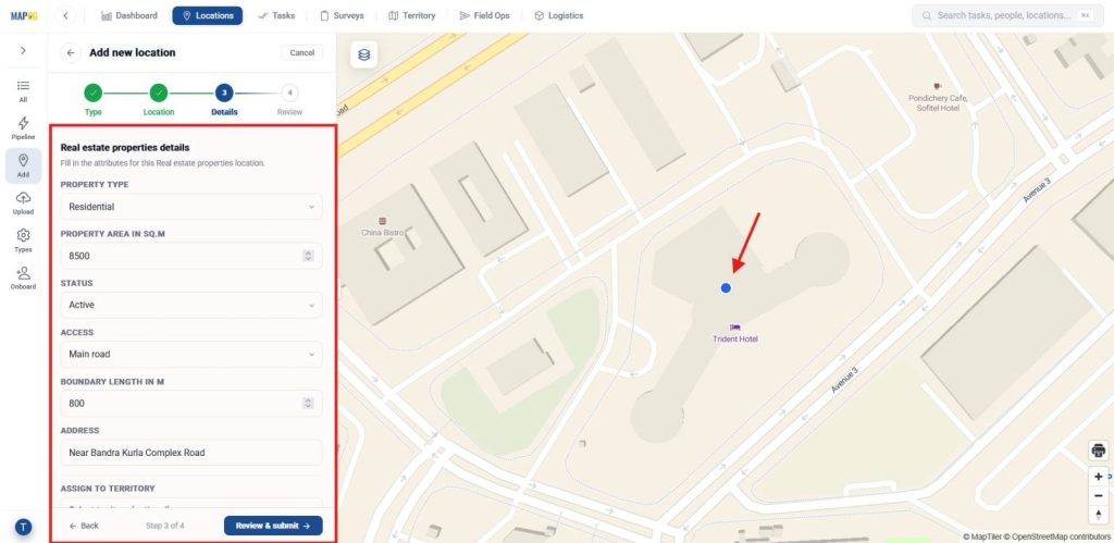 Filling property details and submitting location linked to create 3D boundary walls more detailed.