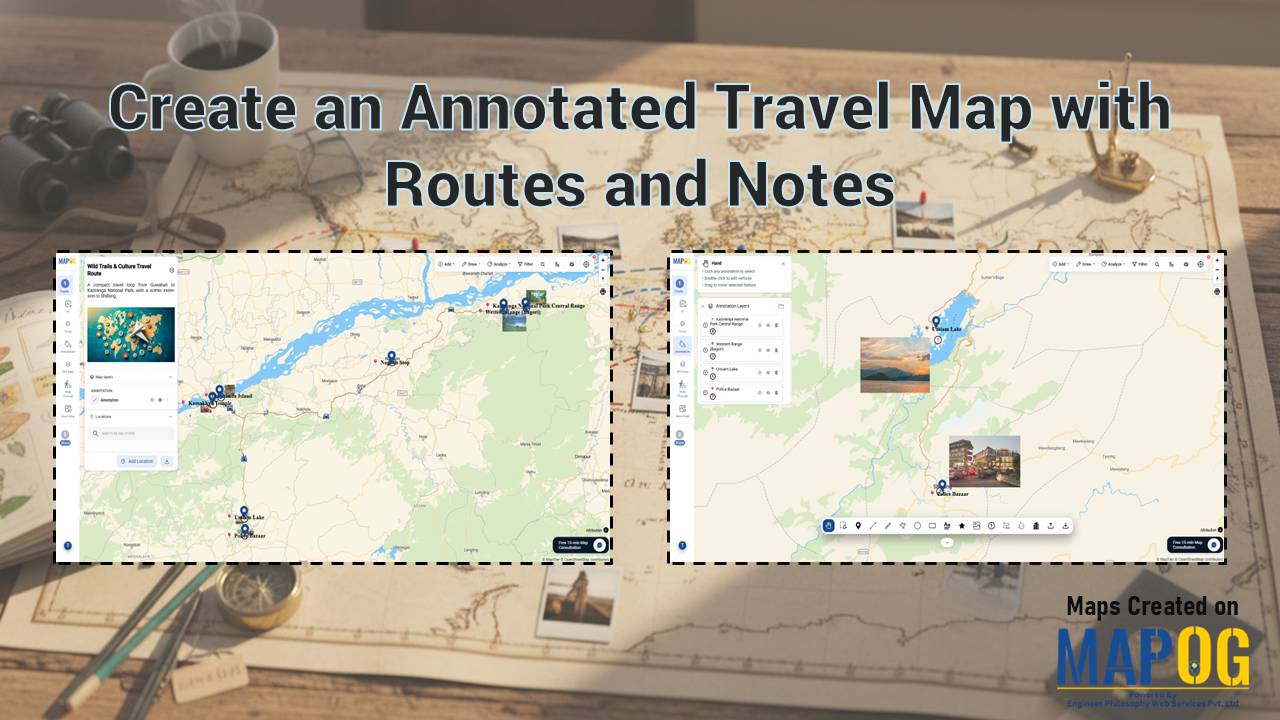 Create an Annotated Travel Map showing routes connecting locations with labels and images in a digital map interface