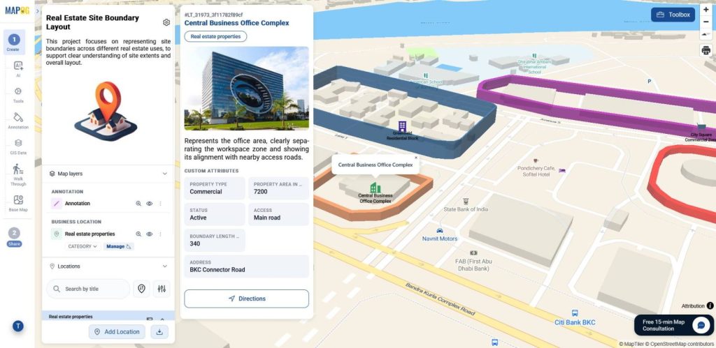 3D map view showing multiple elevated boundary walls around properties with labeled locations and attributes panel for clear spatial separation.
