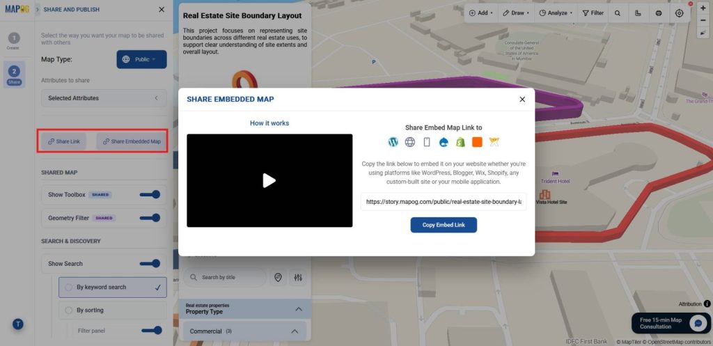 Sharing map via link or embed with permission settings enabled.