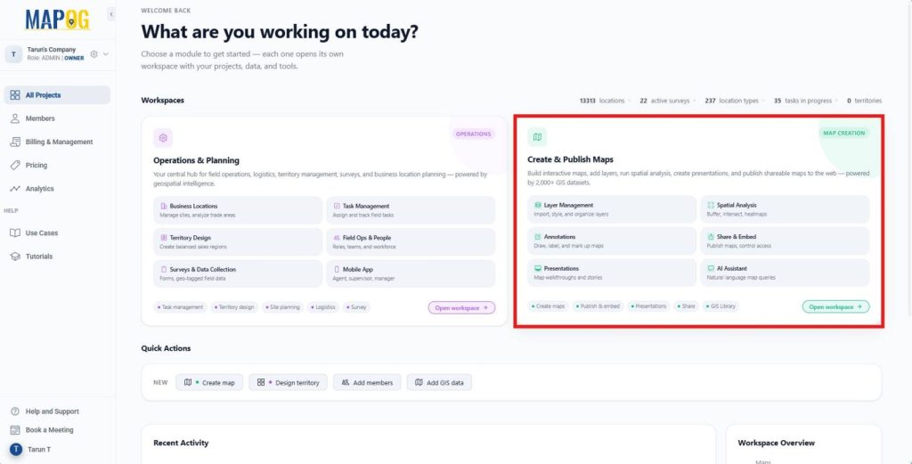 MAPOG workspace selection screen with Create & Publish Maps highlighted