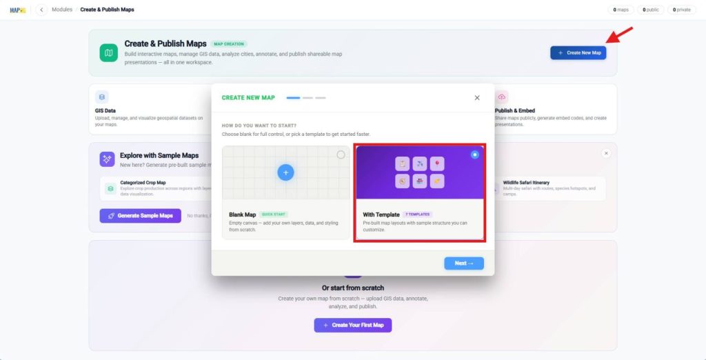 Create new map window selecting template in MAPOG interface