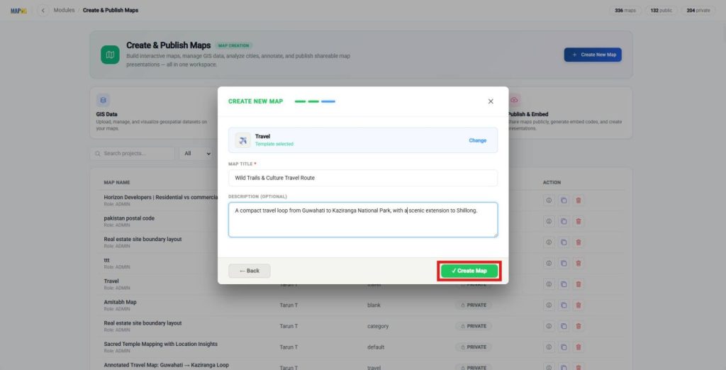 Create new map window with title and description fields