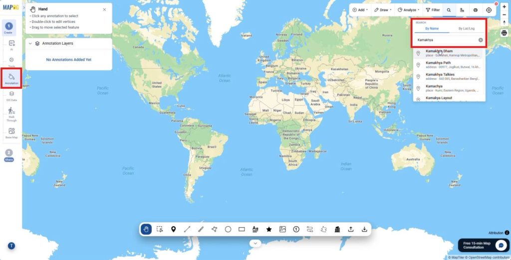 Searching for location by place name to create an annotated travel map